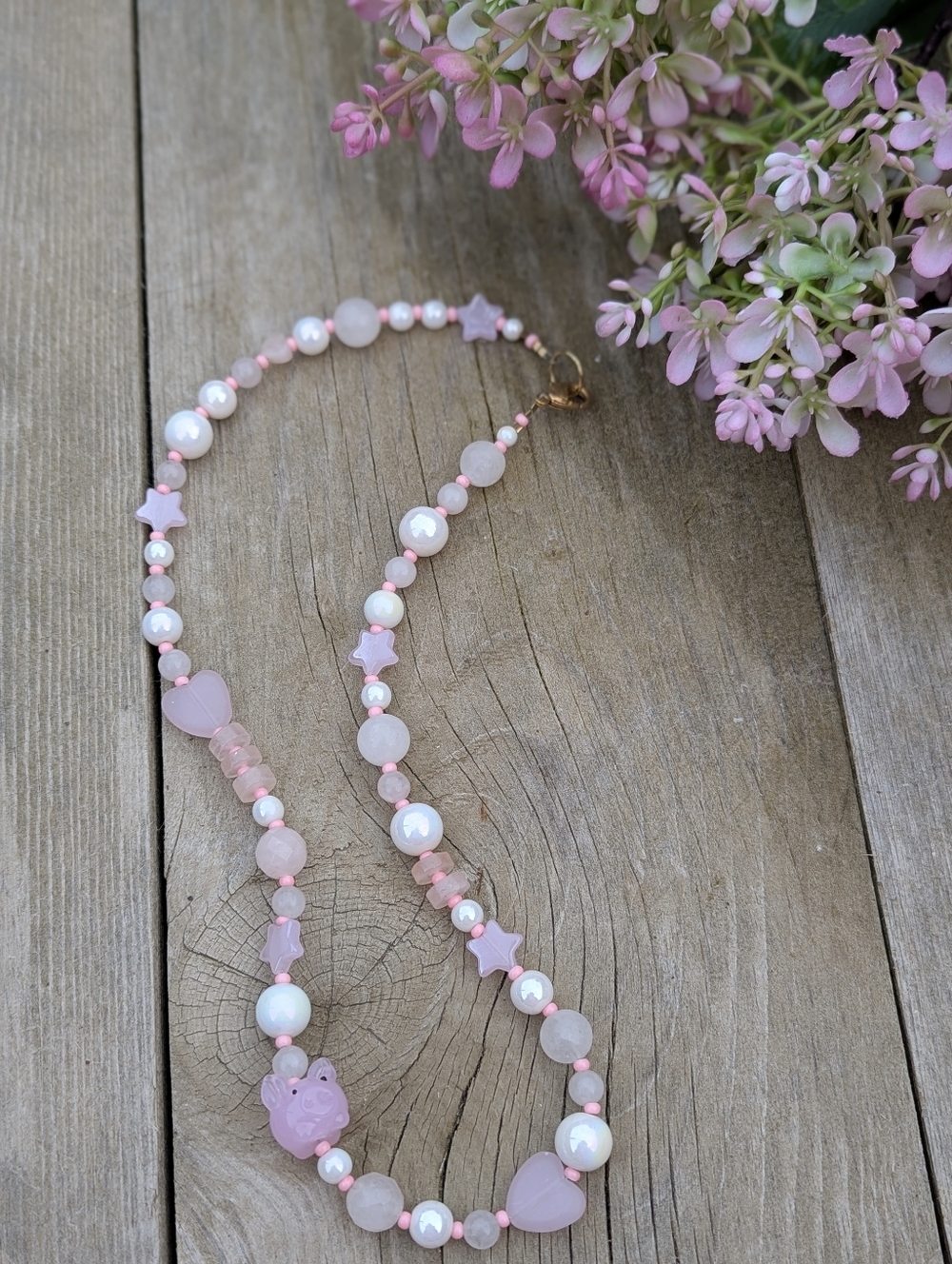 🐷Handmade Pink Beaded Necklace Women's Necklace Rose Quartz Pearl Heart Adult